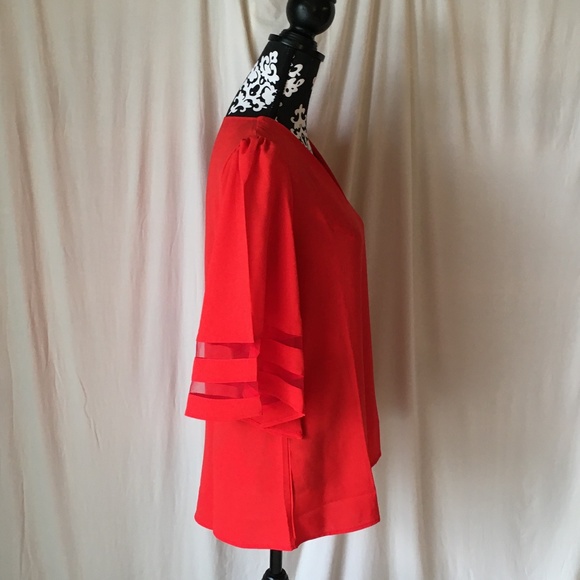 Red Bell Sleeve Tunic Swing Blouse Contrast Mesh Panels on Sleeves, NWOT, Small - Picture 8 of 15